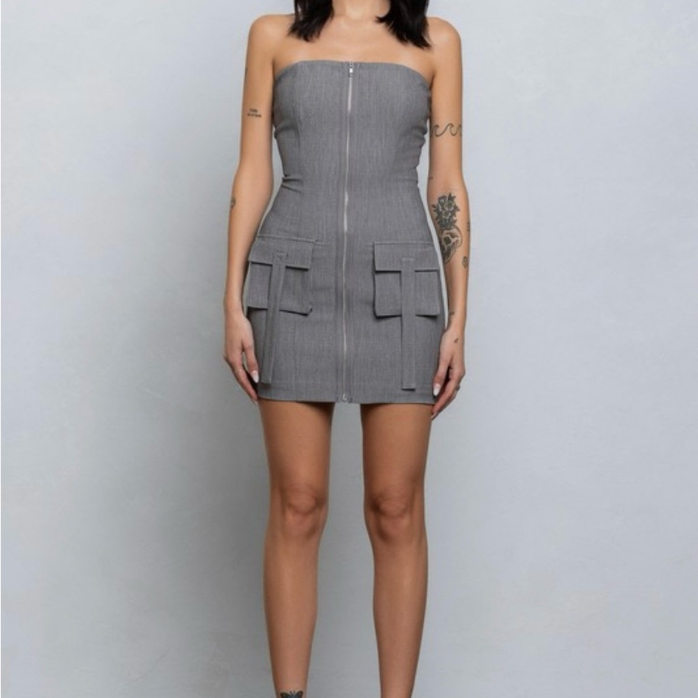 Strapless Grey Mini Dress with Front Zip and Pocket Details